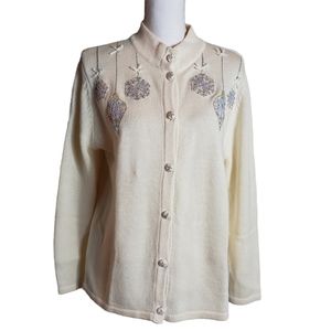 Vintage Embroidered Cardigan Sz Large Sequin Christmas Holiday Ornament  Sweater